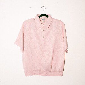 Vintage 80s Koret Pink Shimmery Polo-Style Blouse – Floral Overlay, Ruched Waist